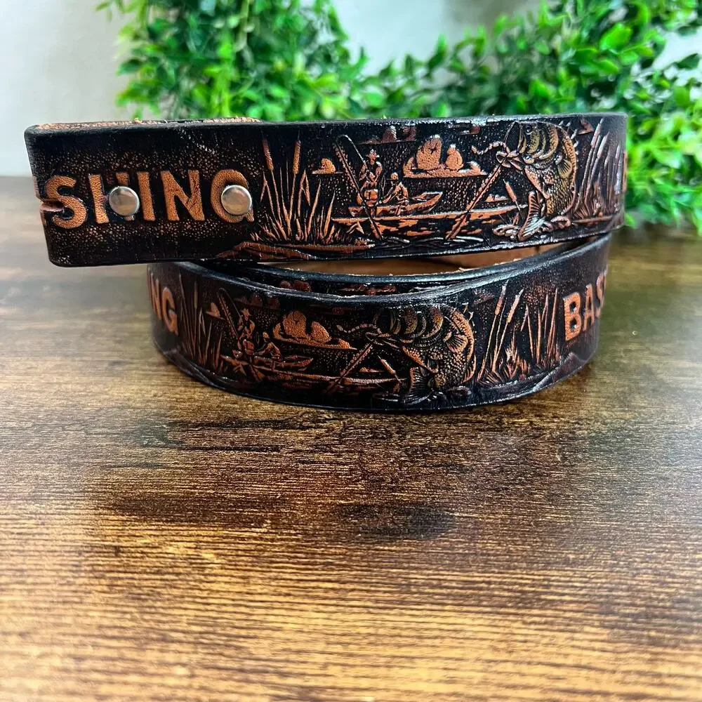 Vintage Bass Fishing Genuine Leather Belt 46